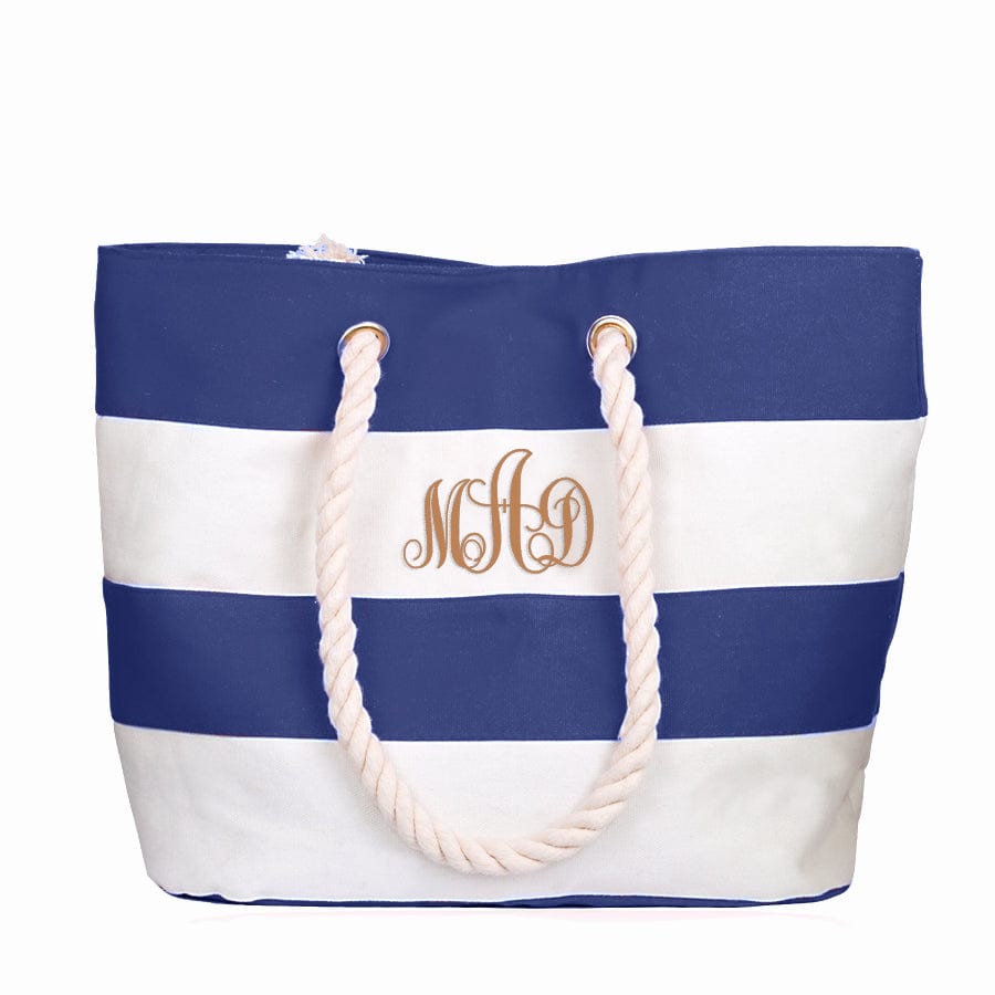 Navy Blue and Ivory Stripes / 3 Monogram Initials / No Canvas Water Resistant Beach Tote Bag