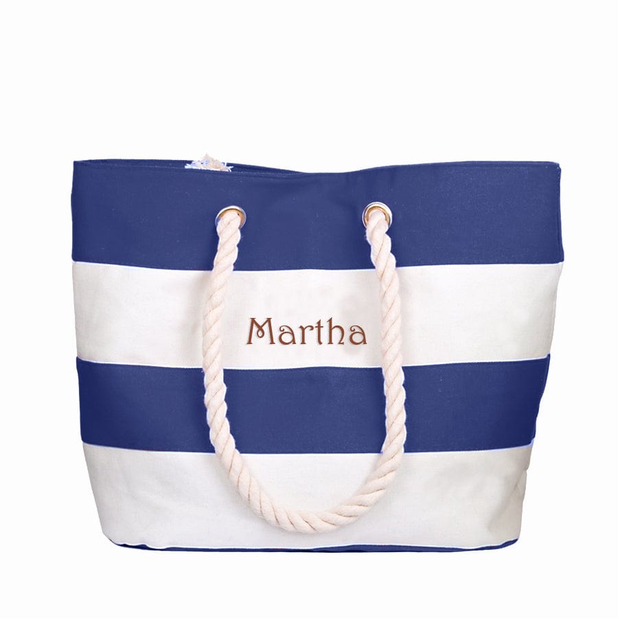 Navy Blue and Ivory Stripes / Name / No Canvas Water Resistant Beach Tote Bag