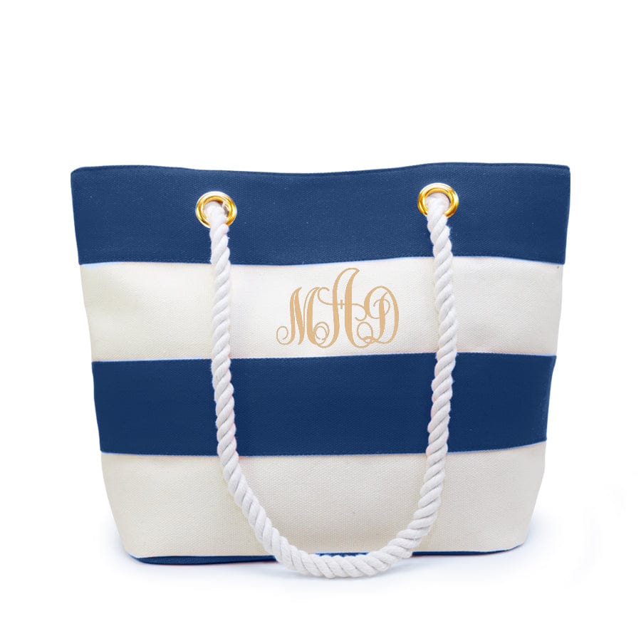 Navy Blue and White Stripes / 3 Monogram Initials / No Small Canvas Beach Tote Bag