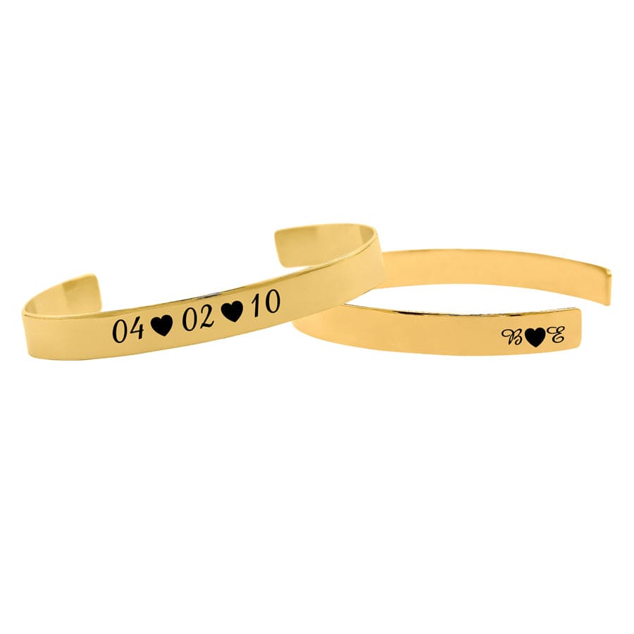 One Bracelet / Gold Plated / Date &amp; Hearts Couple Personalized Bangle