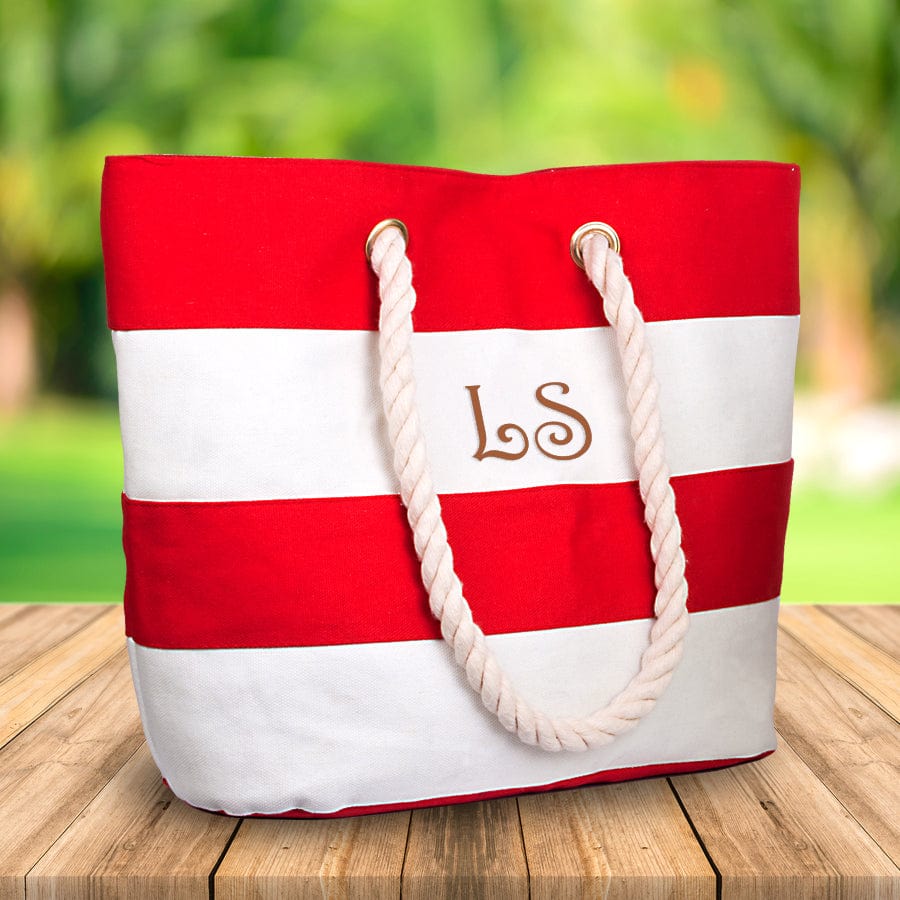Red and Ivory Stripes / 2 Initials / No Canvas Water Resistant Beach Tote Bag