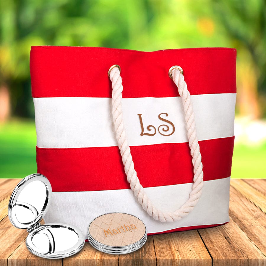 Red and Ivory Stripes / 2 Initials / Yes, Add Mirror Canvas Water Resistant Beach Tote Bag