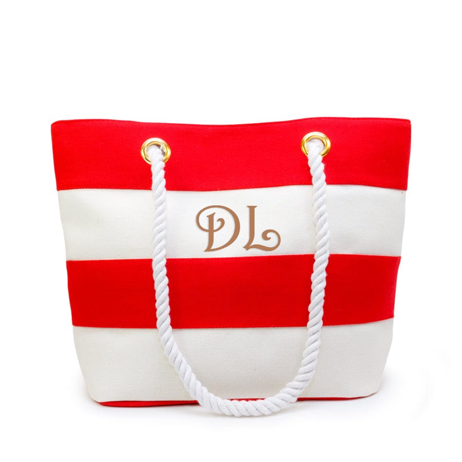 Red and White Stripes / 2 Initials / No Small Canvas Beach Tote Bag