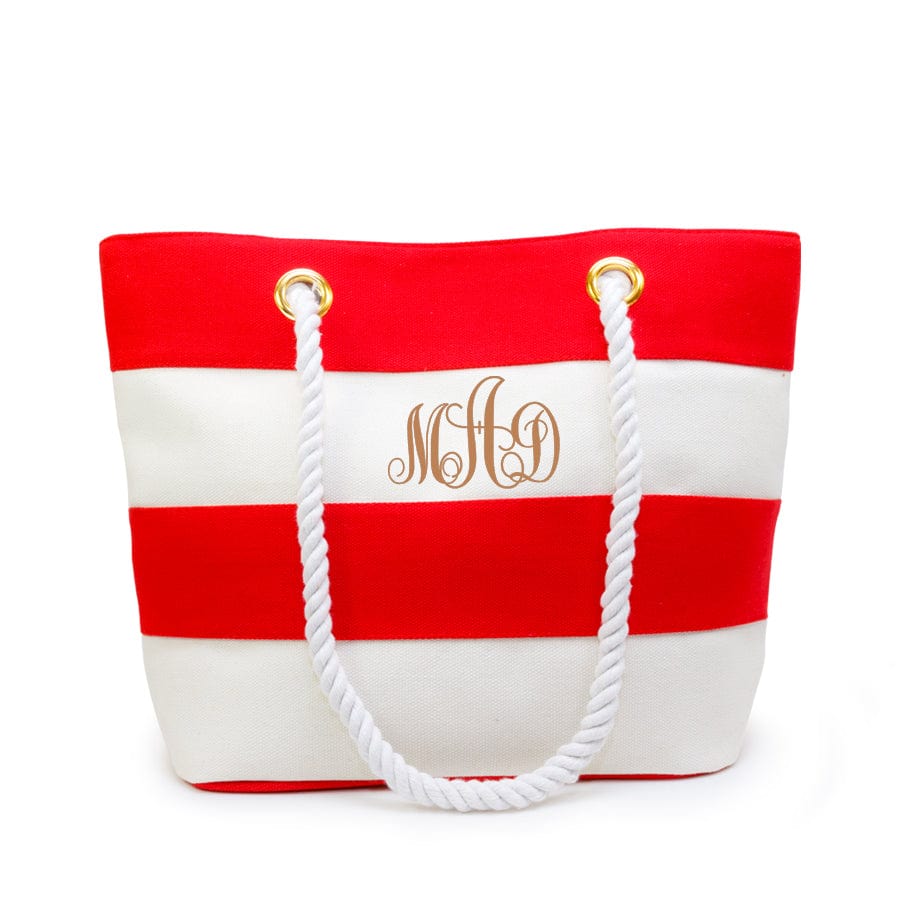 Red and White Stripes / 3 Monogram Initials / No Small Canvas Beach Tote Bag