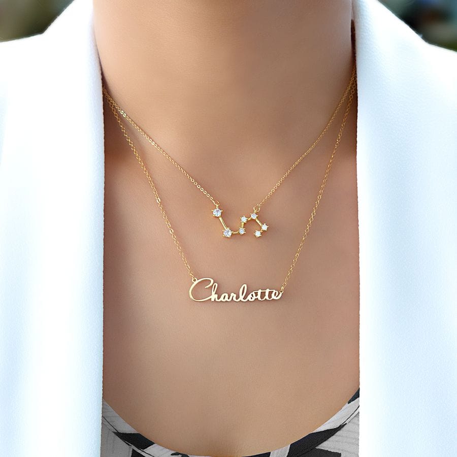 Gold Plated / Link Chain / Yes, Add constellation Necklace Script Name Necklace with Optional Constellation Necklace