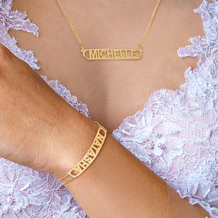 Gold Plated / Link Chain Set of Bar Necklace & Bracelet