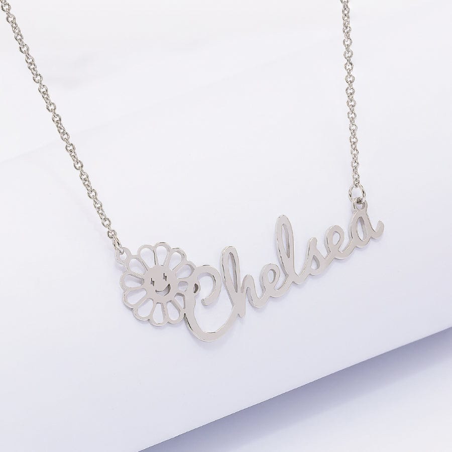 Silver Plated / 12&quot; Silver Plated and Gold Plated Flower Script Name Necklace for Kids