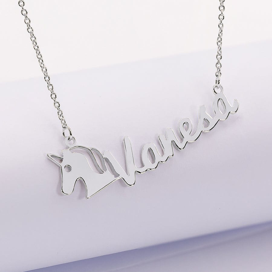 Silver Plated / 14&quot; Silver Plated and Gold Plated Unicorn Script Name Necklace for Kids