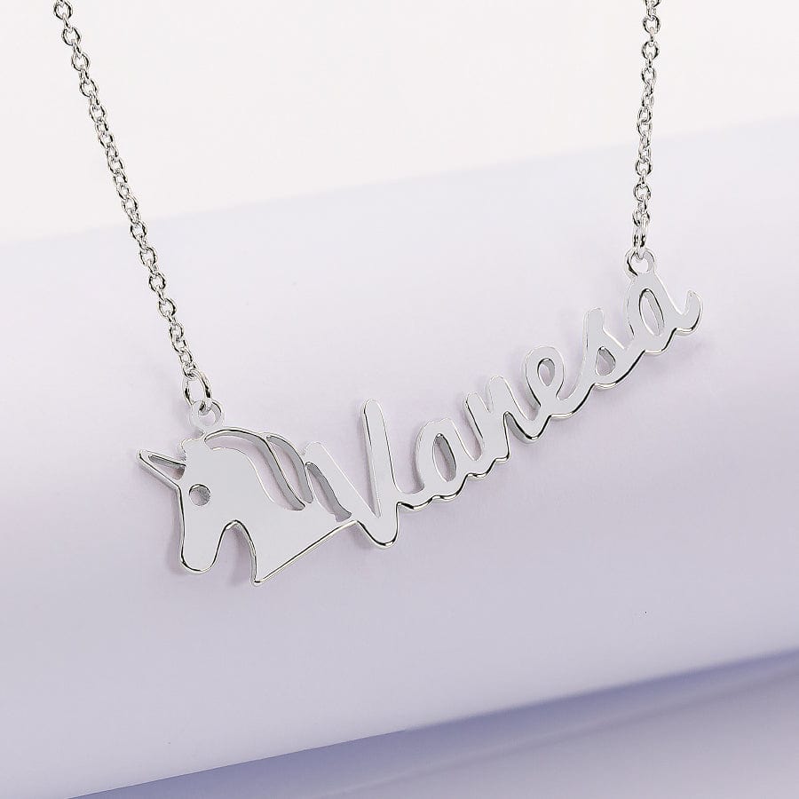 Silver Plated / 14&quot; Silver Plated and Gold Plated Unicorn Script Name Necklace for Kids