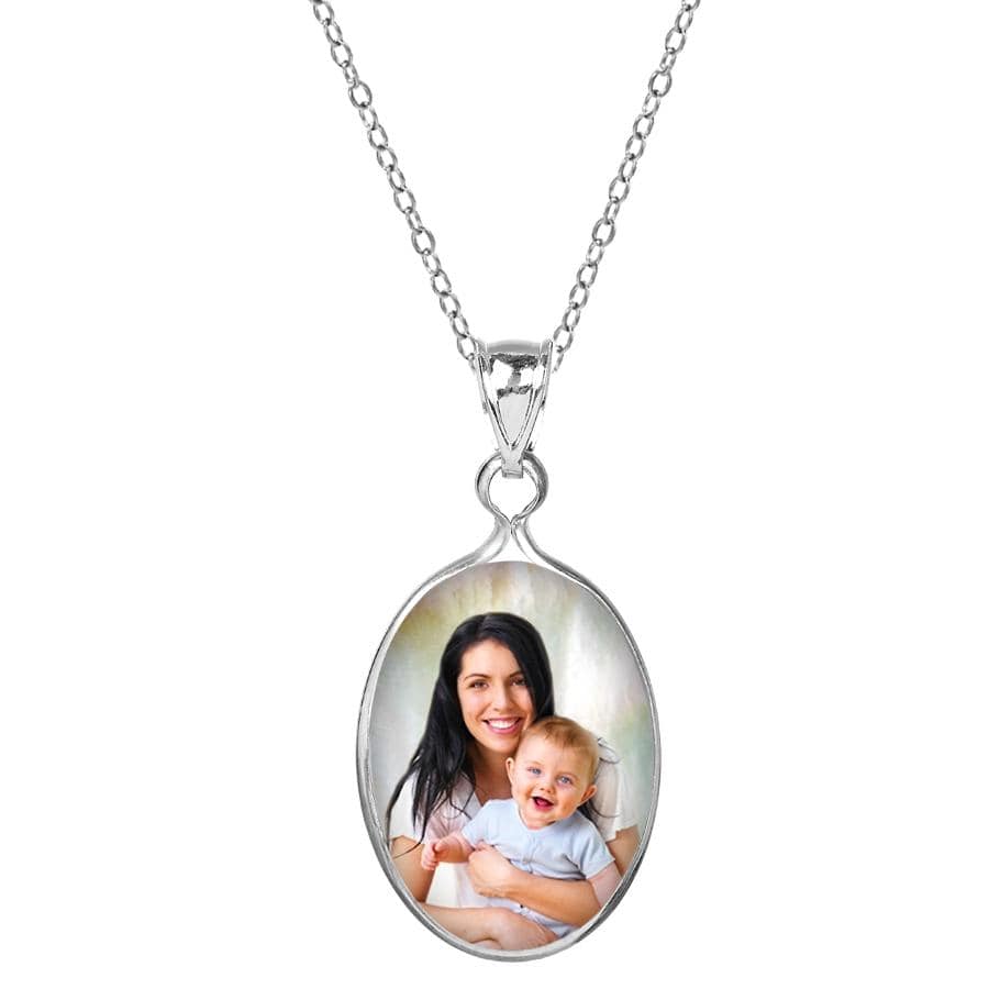 Silver Plated / 16&quot; Link Chain Mother of Pearl Oval Portrait Pendant