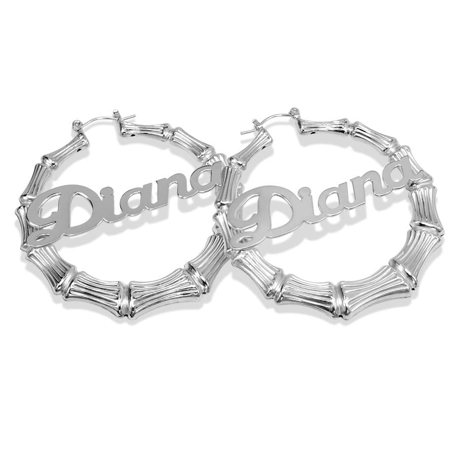 Silver Plated 2&quot; Hoops Bamboo Name Earrings