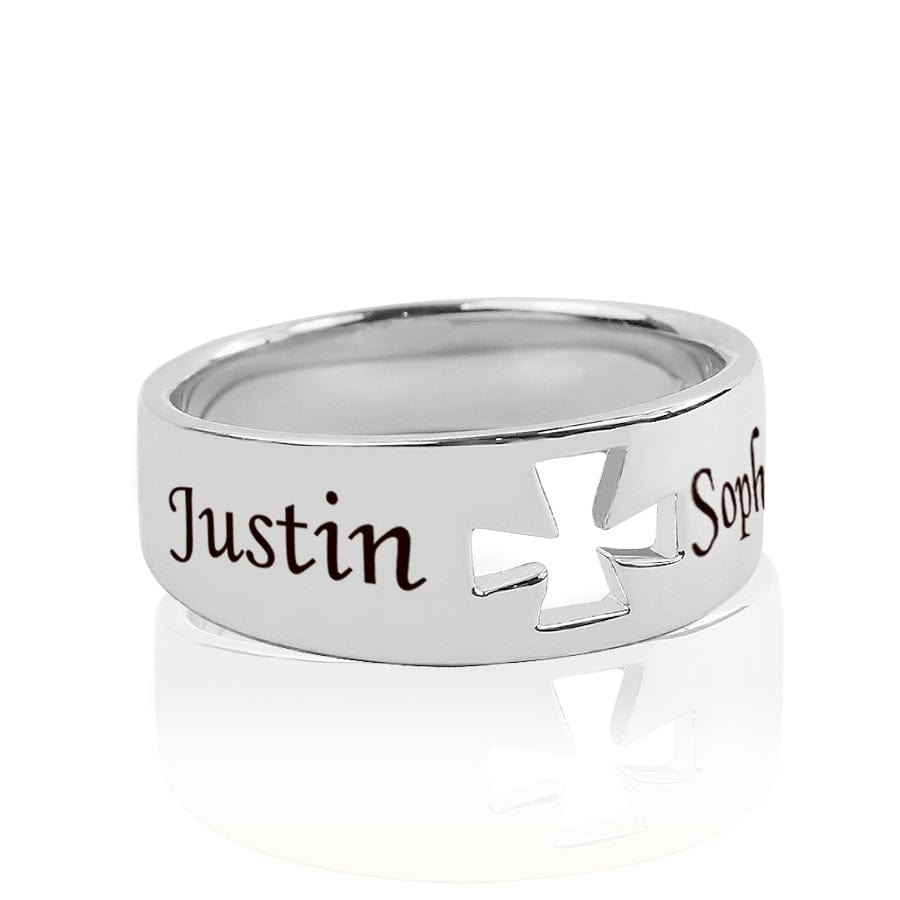 Silver Plated / 5&quot; Cross Ring with Couples Names