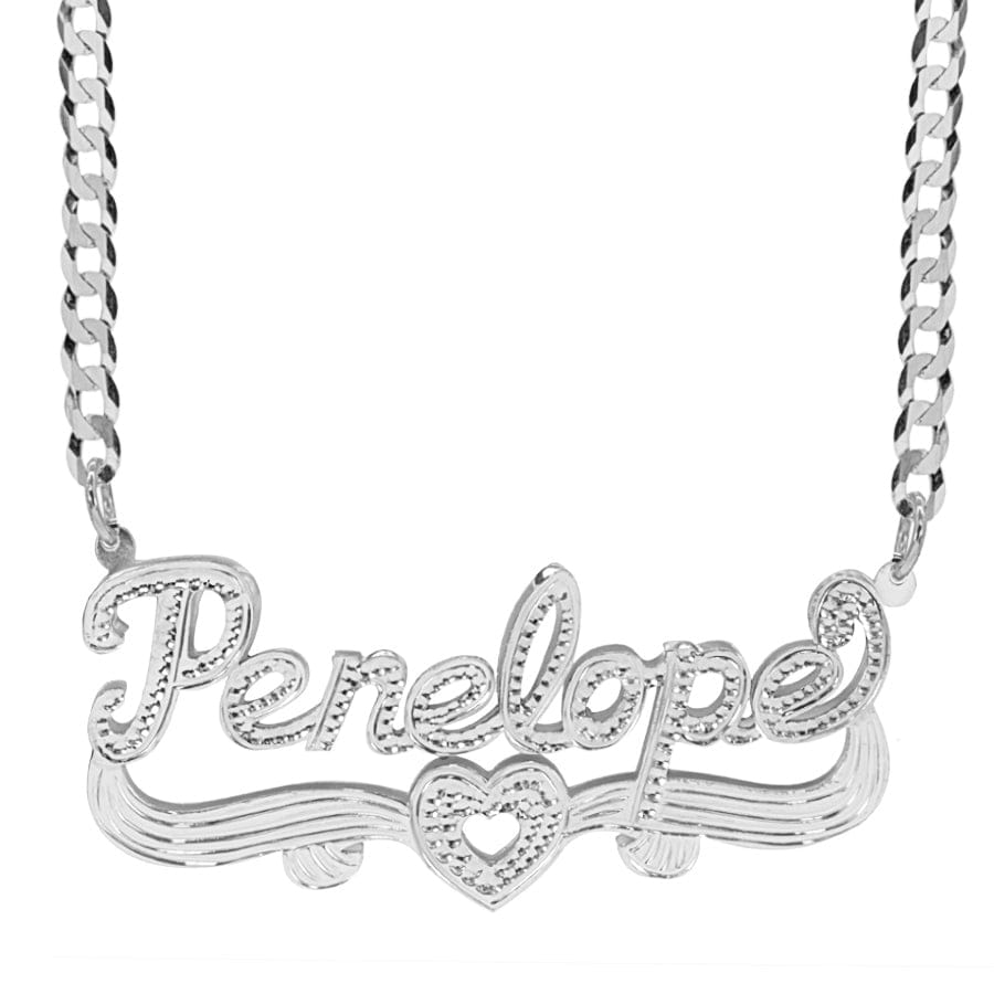 Silver Plated / Cuban Chain Double Name Plate with Tail and Heart With Cuban Chain