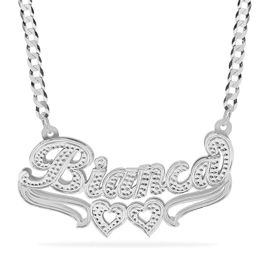 Silver Plated / Cuban Chain Double Plated Nameplate Necklace &quot;Bianca&quot; with Cuban chain