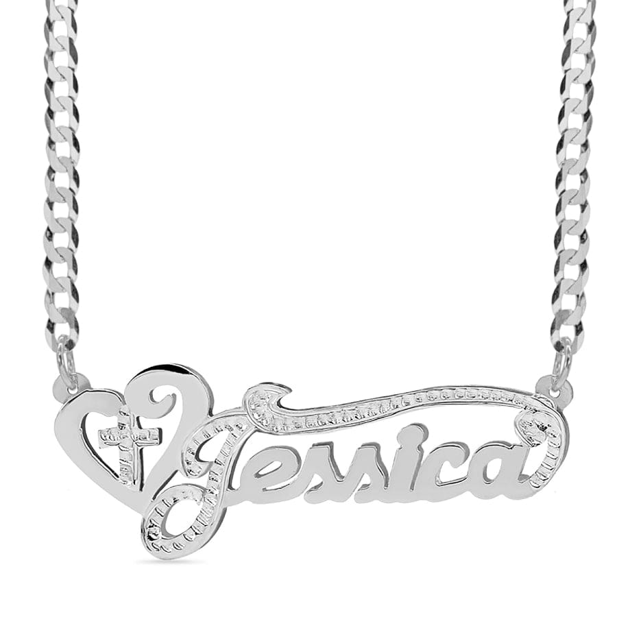 Silver Plated / Cuban Chain Double Plated Nameplate Necklace &quot;Jessica&quot; with Cuban chain