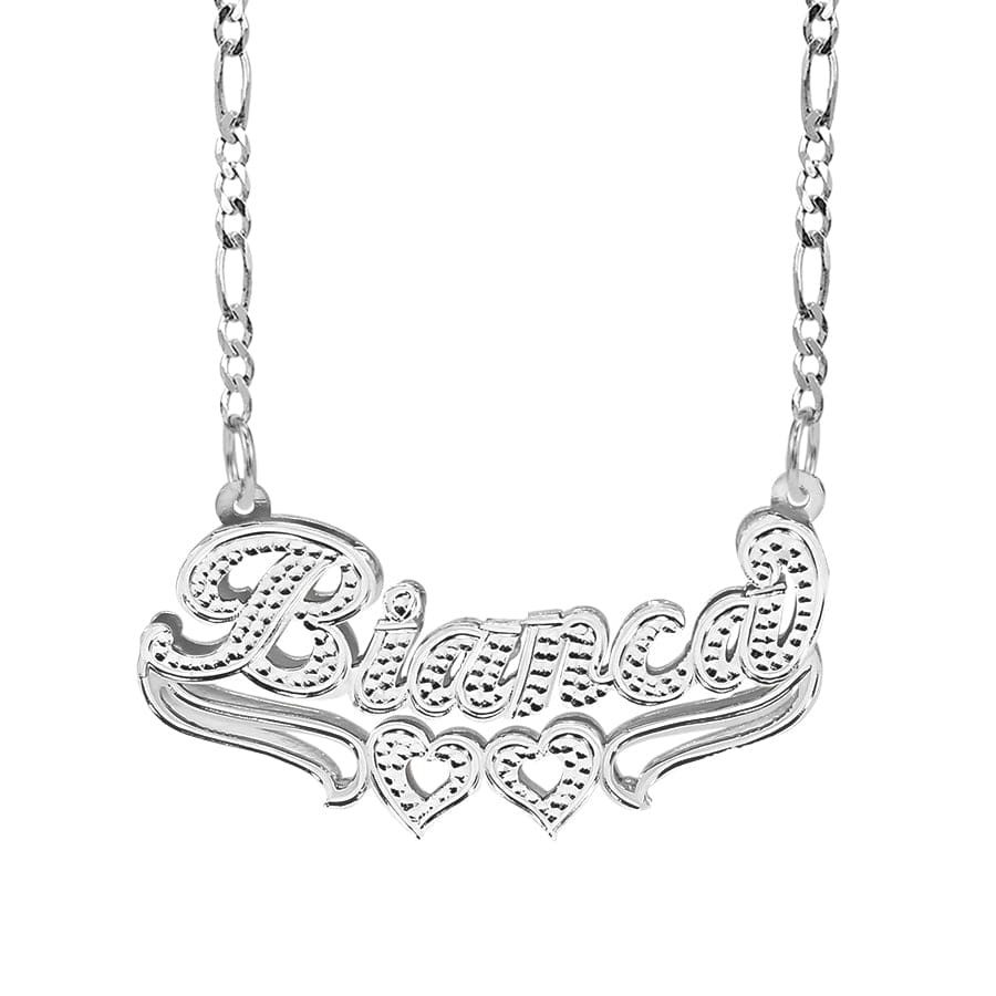 Silver Plated / Figaro Chain Double Nameplate &quot;Bianca&quot; Style Necklace