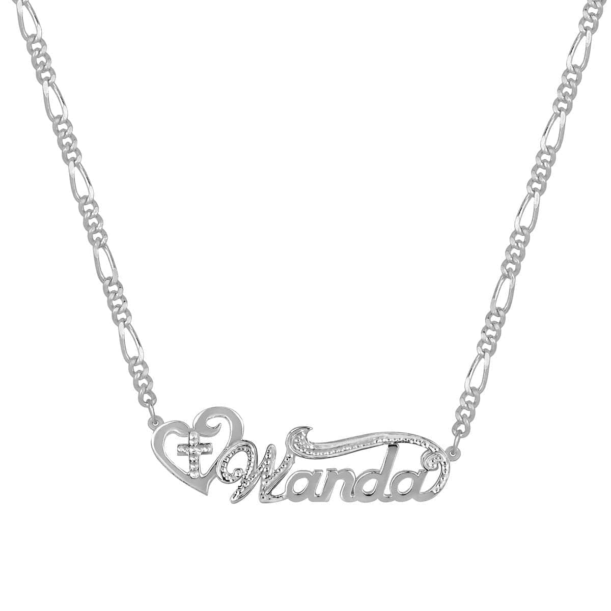 Silver Plated / Figaro Chain Double Plated Nameplate Necklace &quot;Wanda&quot; with Figaro chain