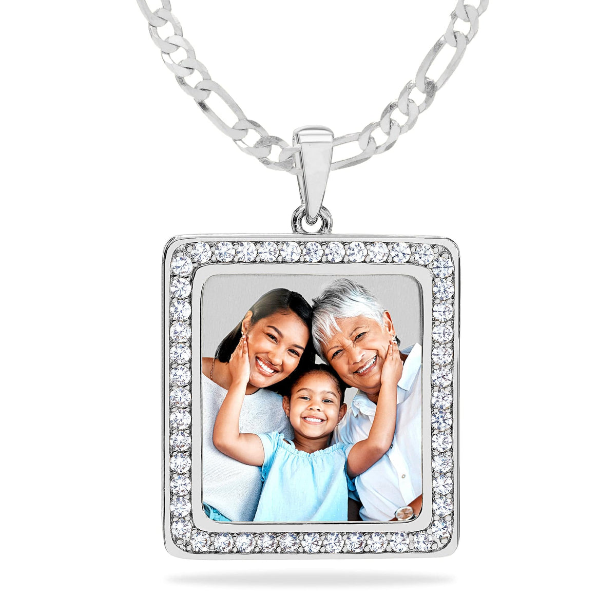Silver Plated / Figaro Chain Square Photo Pendant with Stones