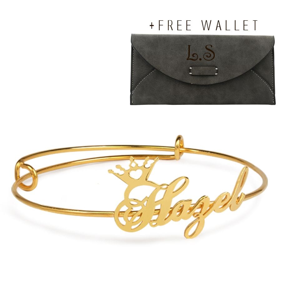 Silver Plated / Gray / Yes, Wallet with engraving Adjustable Name Crown Bangle with FREE Wallet