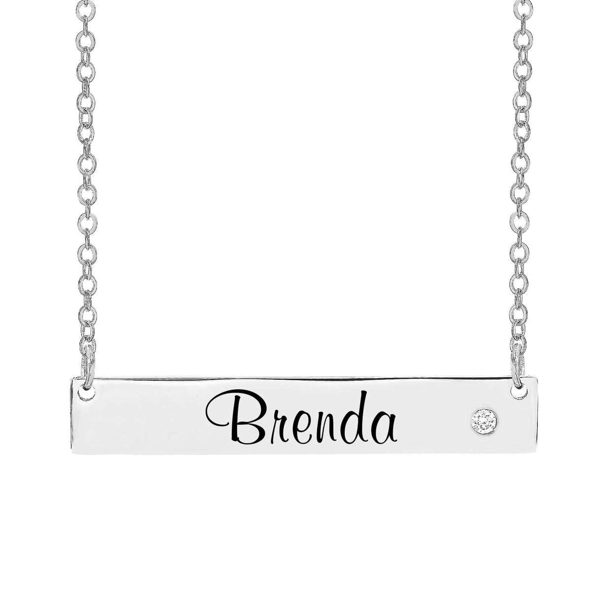 Silver Plated / Link Chain Engraved Horizontal Bar with Birthstone