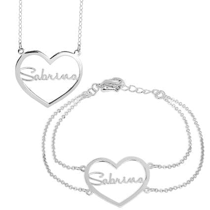 Silver Plated / Link Chain Heart Nameplate Necklace &amp; Bracelet