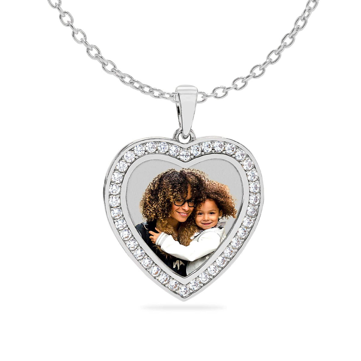 Silver Plated / Link Chain Heart Shaped Photo Pendant with Stones