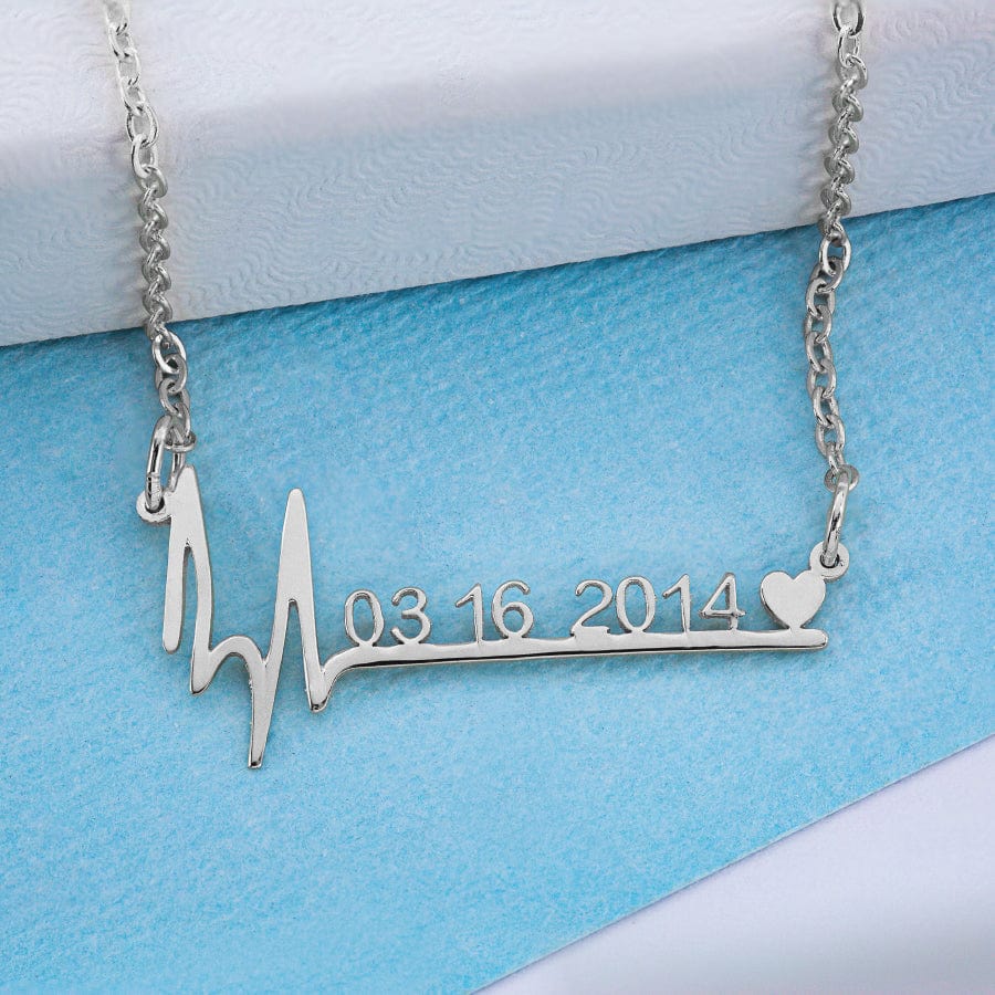 Silver Plated / Link Chain Heartbeat Date Necklace