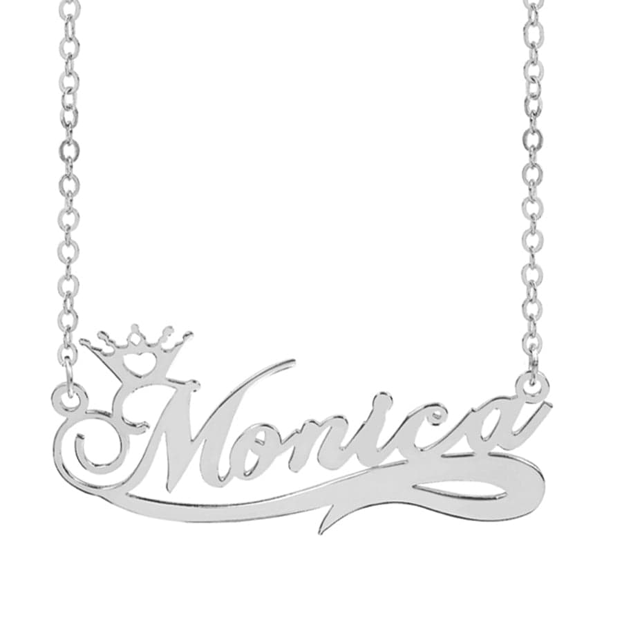 Silver Plated / Link Chain Personalized Name Crown Necklace with Tail Accent