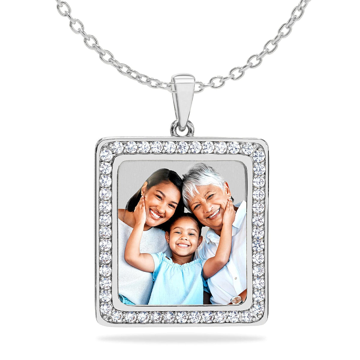 Silver Plated / Link Chain Square Photo Pendant with Stones