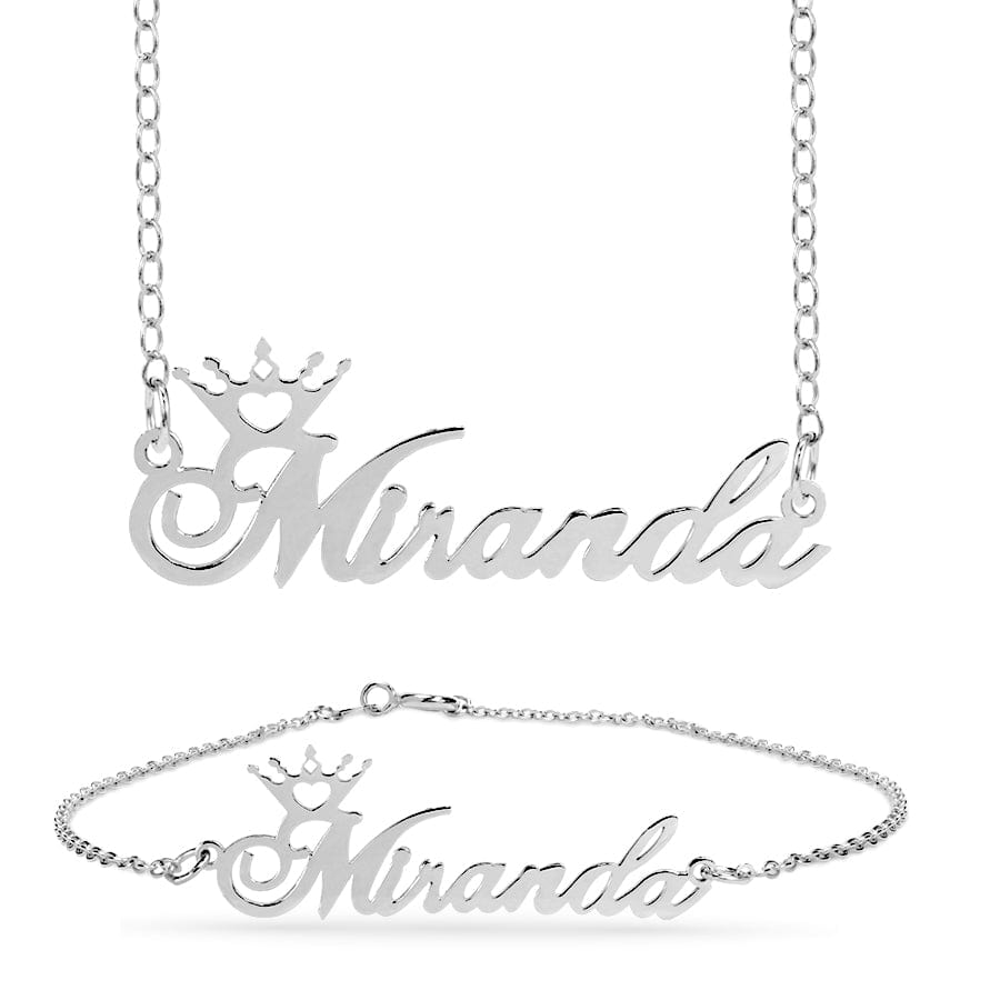 Silver Plated / Link Chain / Yes, Add a Bracelet Personalized Name Crown Necklace