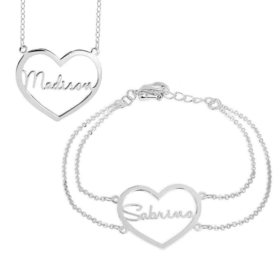 Silver Plated / Link chain / Yes! add a matching bracelet  (+$39.99) Heart Nameplate Necklace