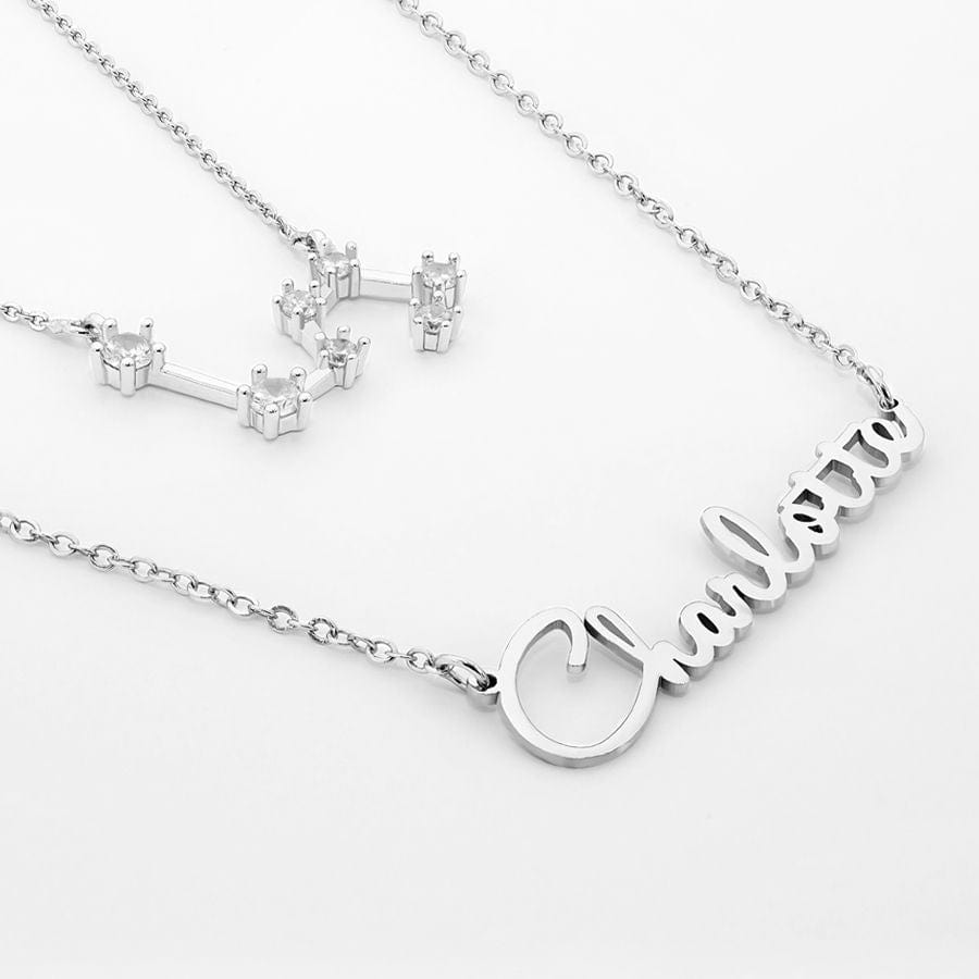 Silver Plated / Link Chain / Yes, Add constellation Necklace Script Name Necklace with Optional Constellation Necklace