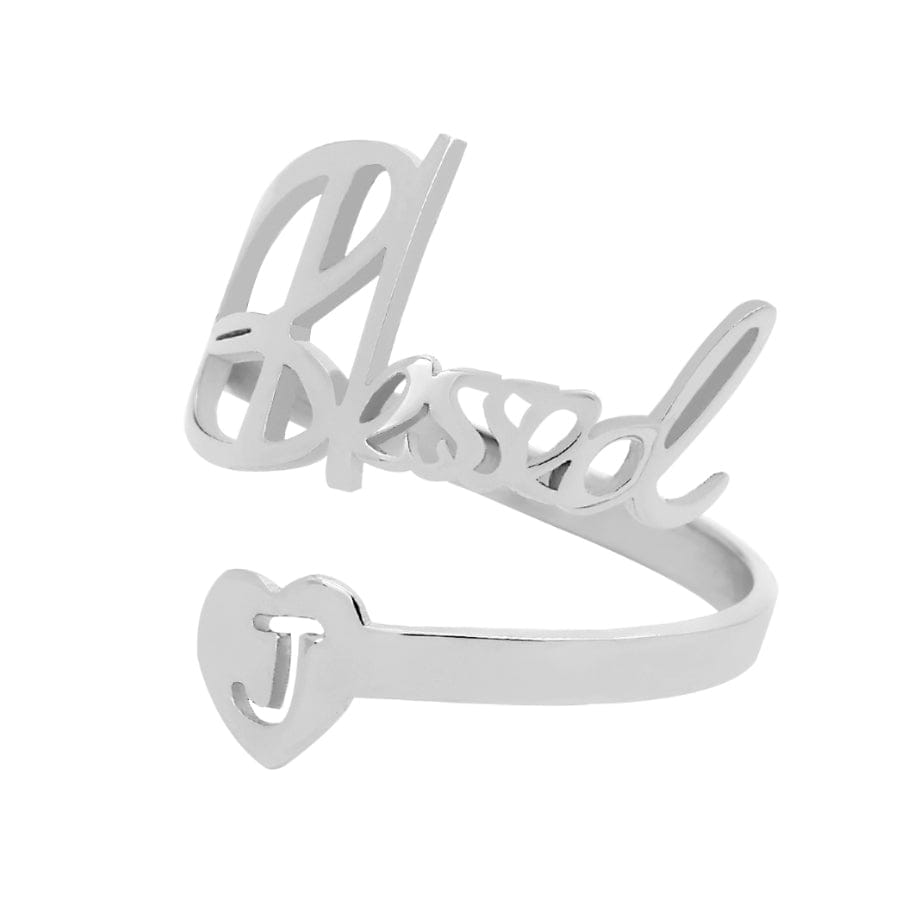 Silver Plated / Small / Blessed &quot;Blessed&quot; With Initial Adjustable Ring