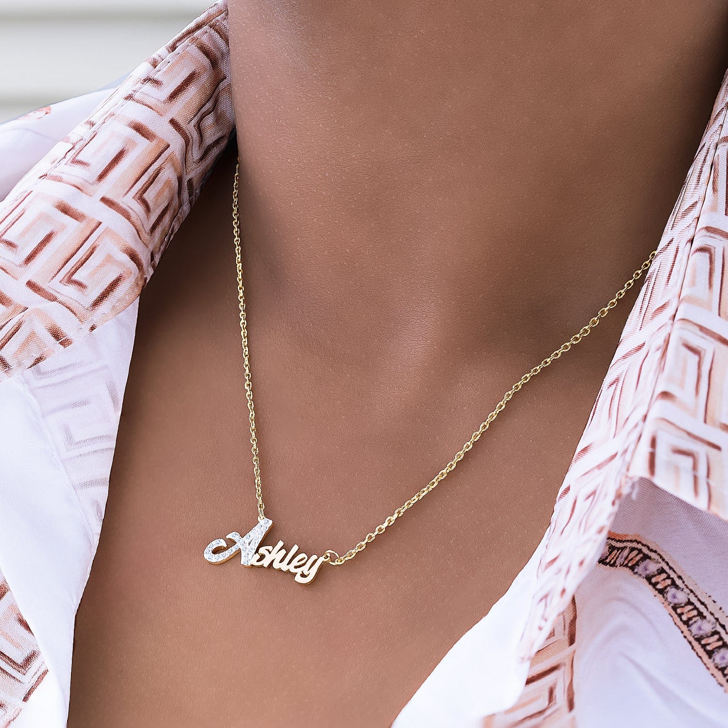 14k Gold over Sterling Silver / Cuban Chain Single Plated Nameplate Necklace "Ashley" with Stones