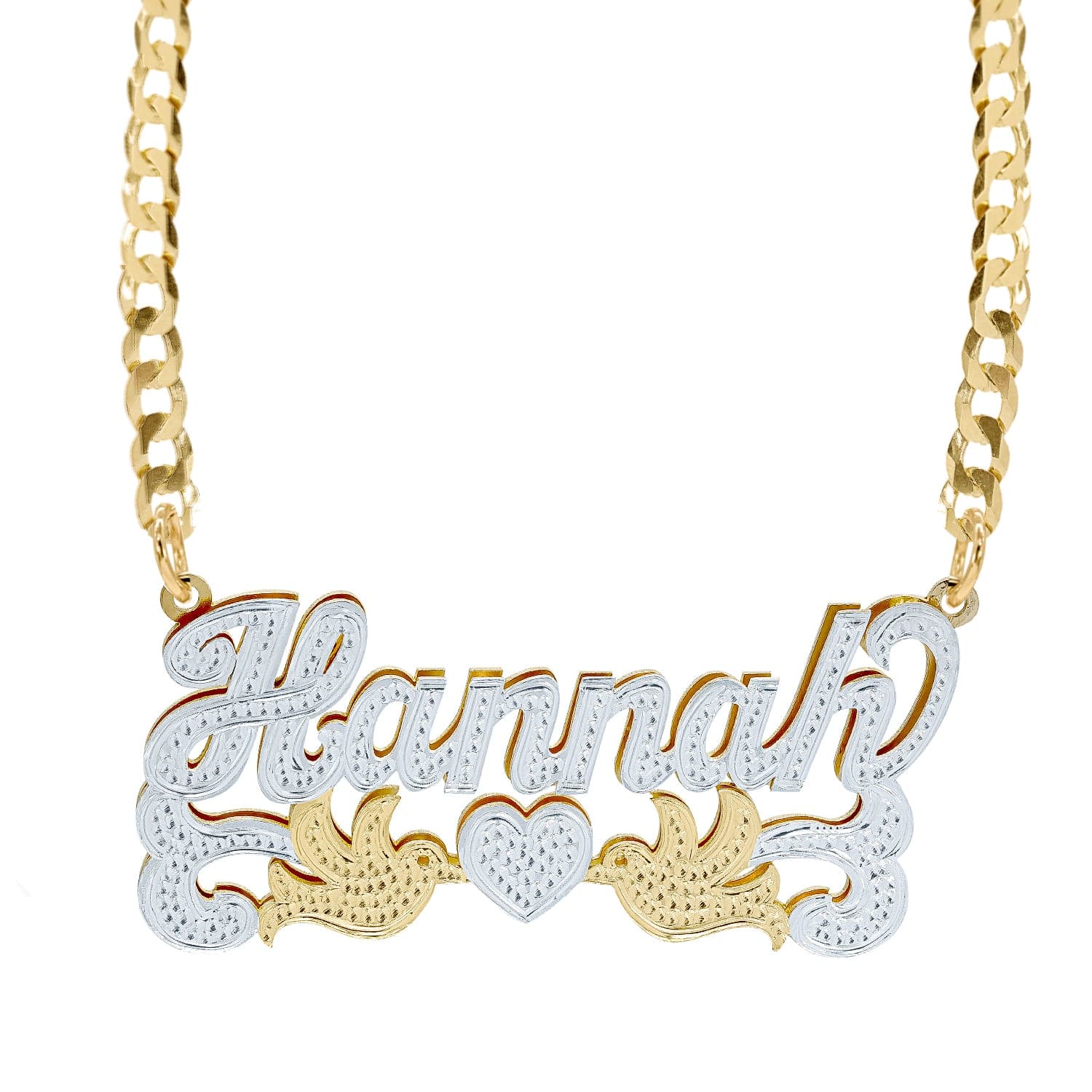 Solid Gold Double Nameplate Necklace w/ Love Birds "Hannah"