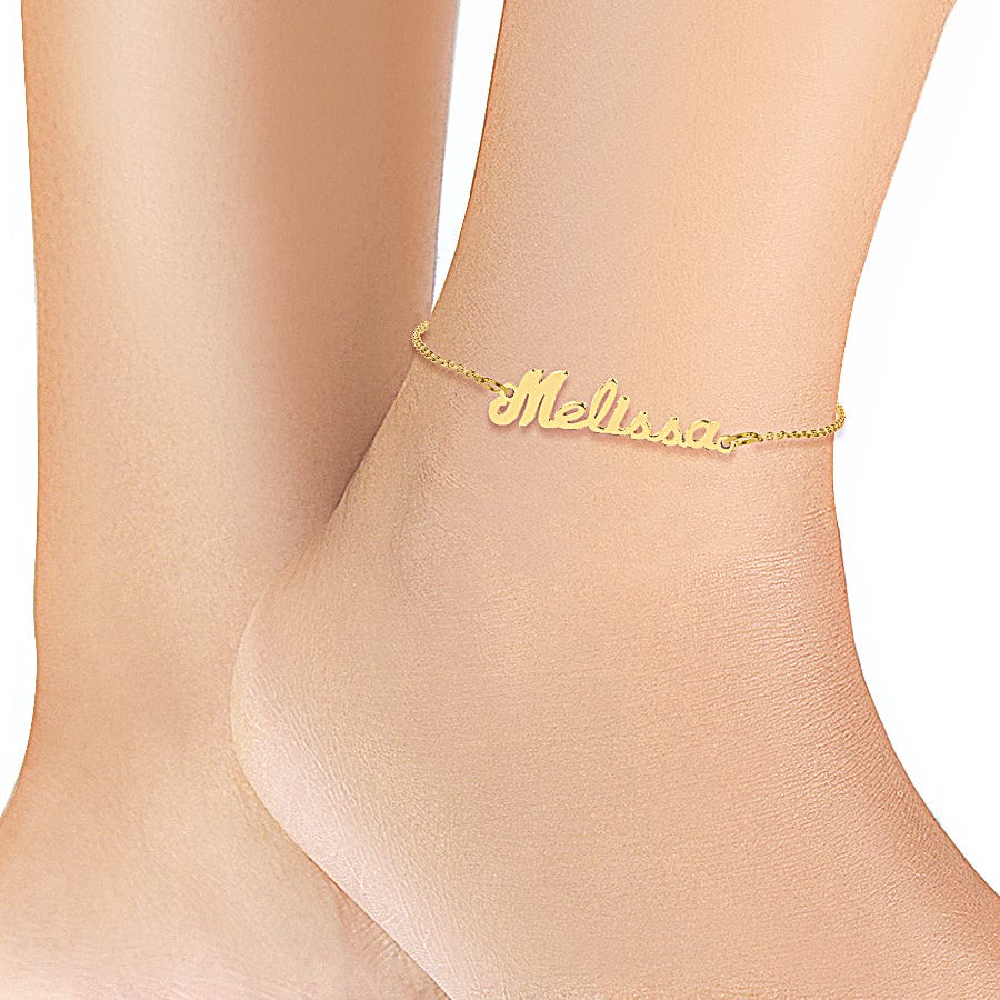 10K Solid Gold / 7" Solid Gold Mini Name Ankle Bracelet