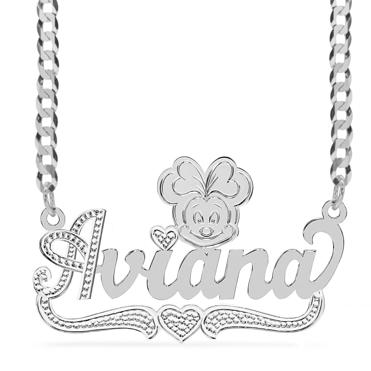 Sterling Silver / Cuban Chain Cartoon Nameplate Necklace &quot;Aviana&quot;
