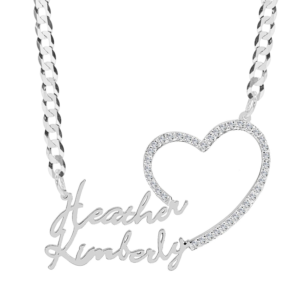 Sterling Silver / Cuban Chain Copy of Single Plated Nameplate Necklace &quot;Heather&quot; with Stones Heart