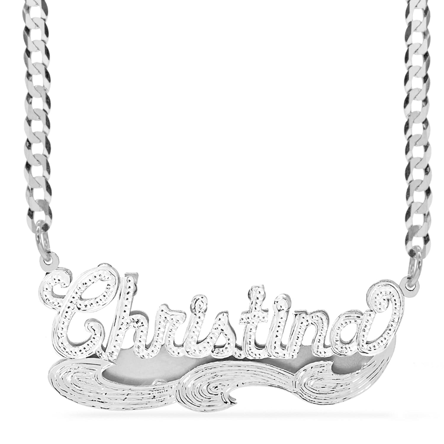 Two-Tone Sterling Silver / Cuban Chain Double Name Necklace w/Beading-Rhodium "Christina"