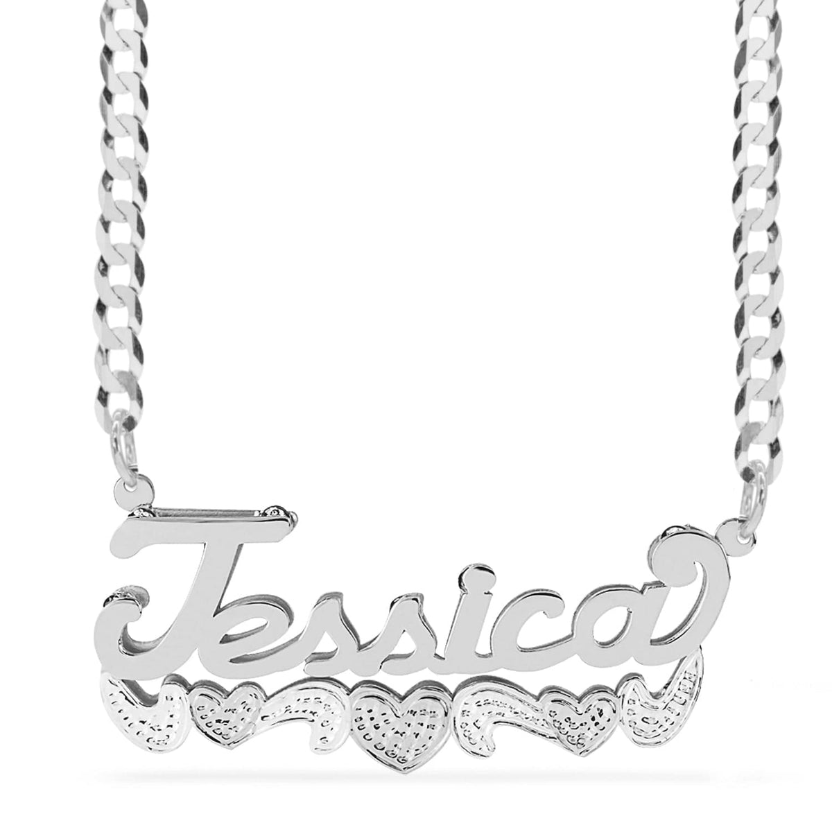 Sterling Silver / Cuban Chain Double Name Necklace w/Beading-Rhodium &quot;Jessica&quot;