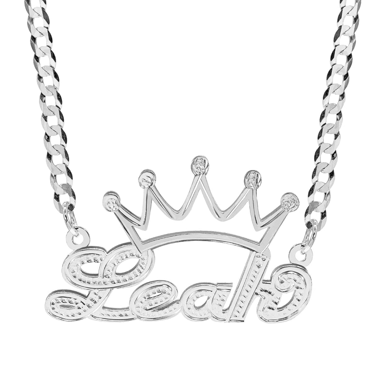 Sterling Silver / Cuban Chain Double Nameplate Necklace with Crown &quot;Leah&quot; with Cuban chain