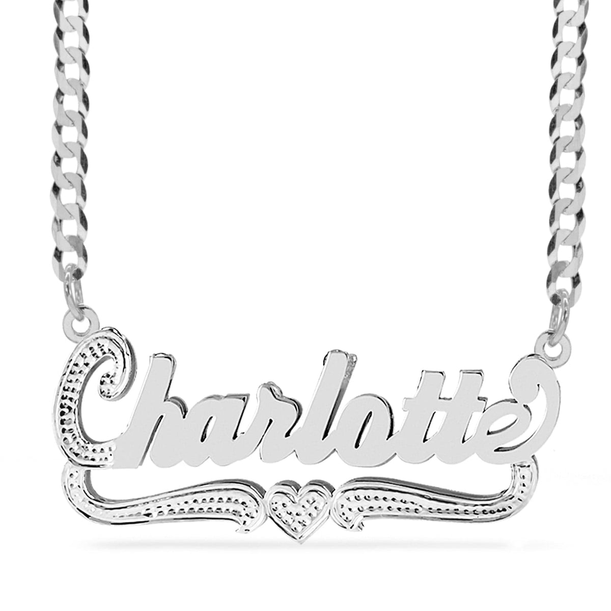 Sterling Silver / Cuban Chain Double Script Name Plate With Beading &quot;Charlotte&quot;