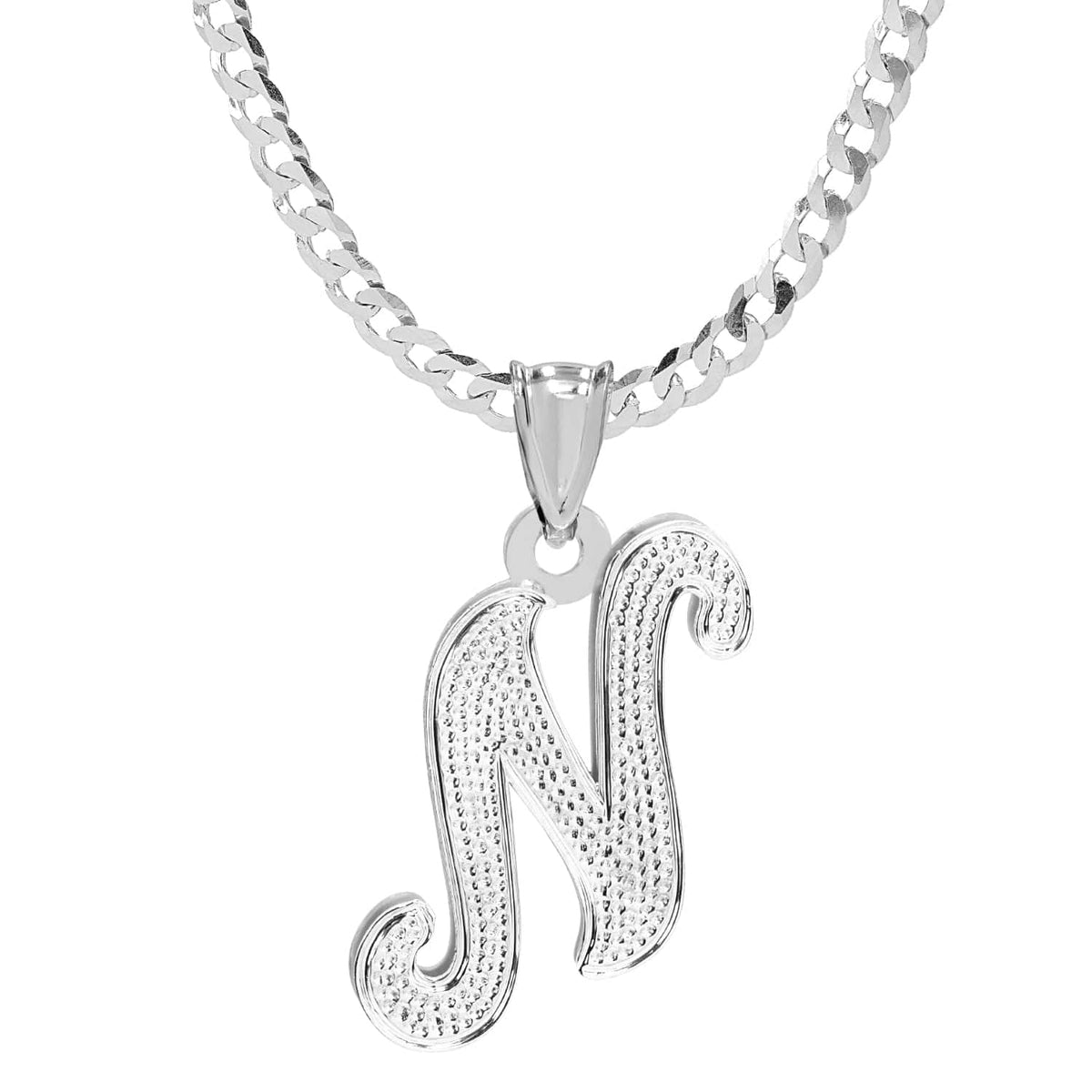 Sterling Silver / Cuban Chain Initial Necklace - Double Plated with Beaded Finish