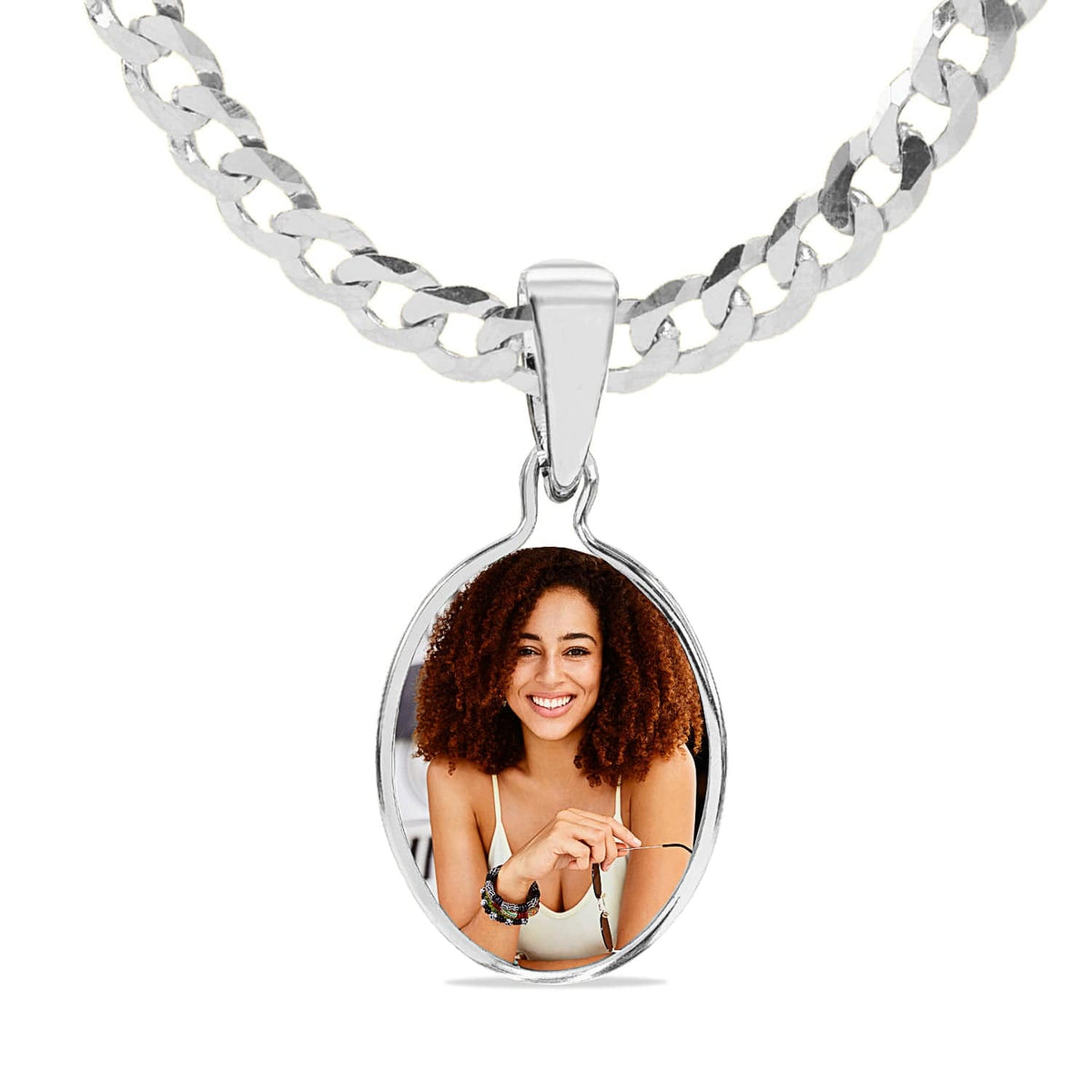 Sterling Silver / Cuban Chain Mother of Pearl Oval Portrait Pendant