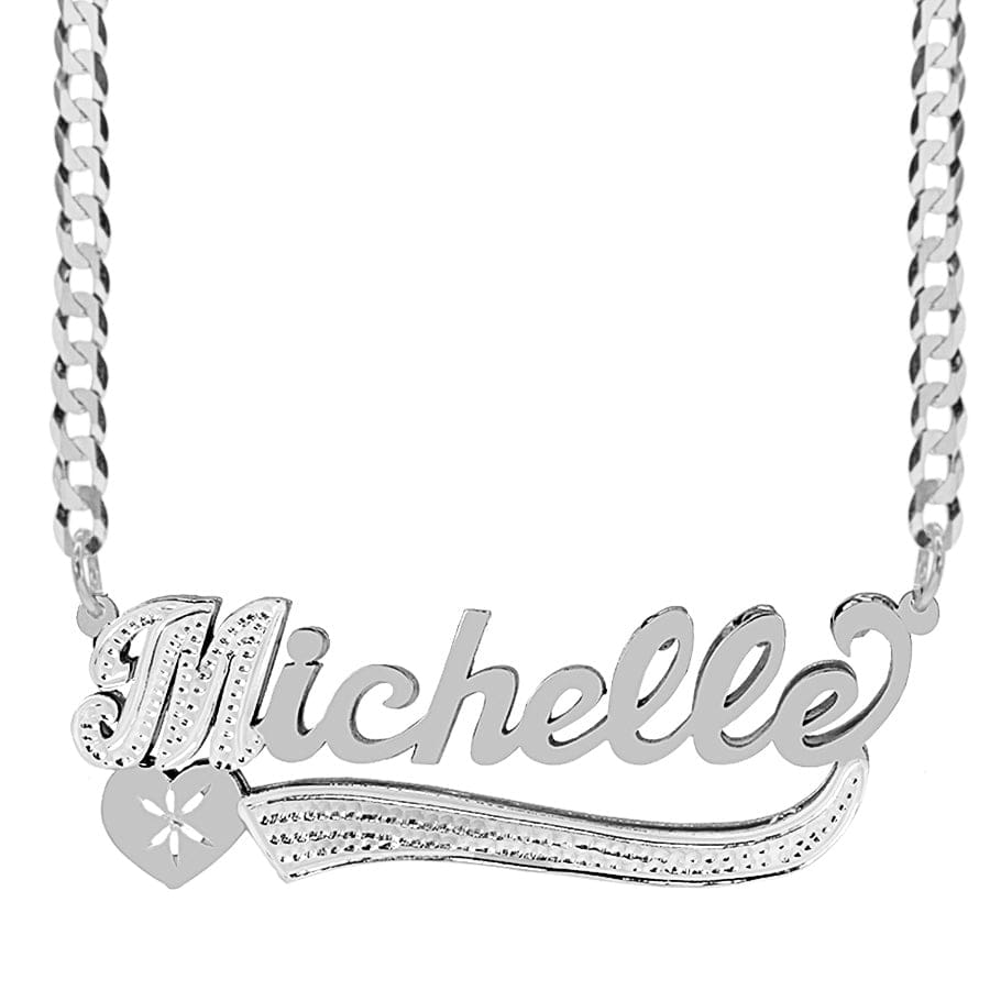 Sterling Silver / Cuban Chain Personalized Double Plated Name Necklace W/ Tail and Heart