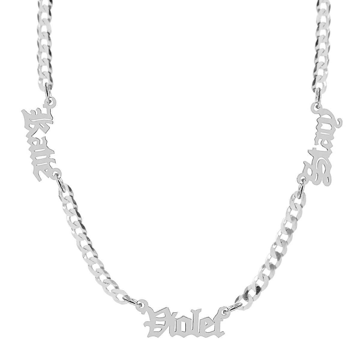 Sterling Silver / Cuban Chain Personalized Nameplate Necklace w/ Three Gothic Names on Cuban Chain