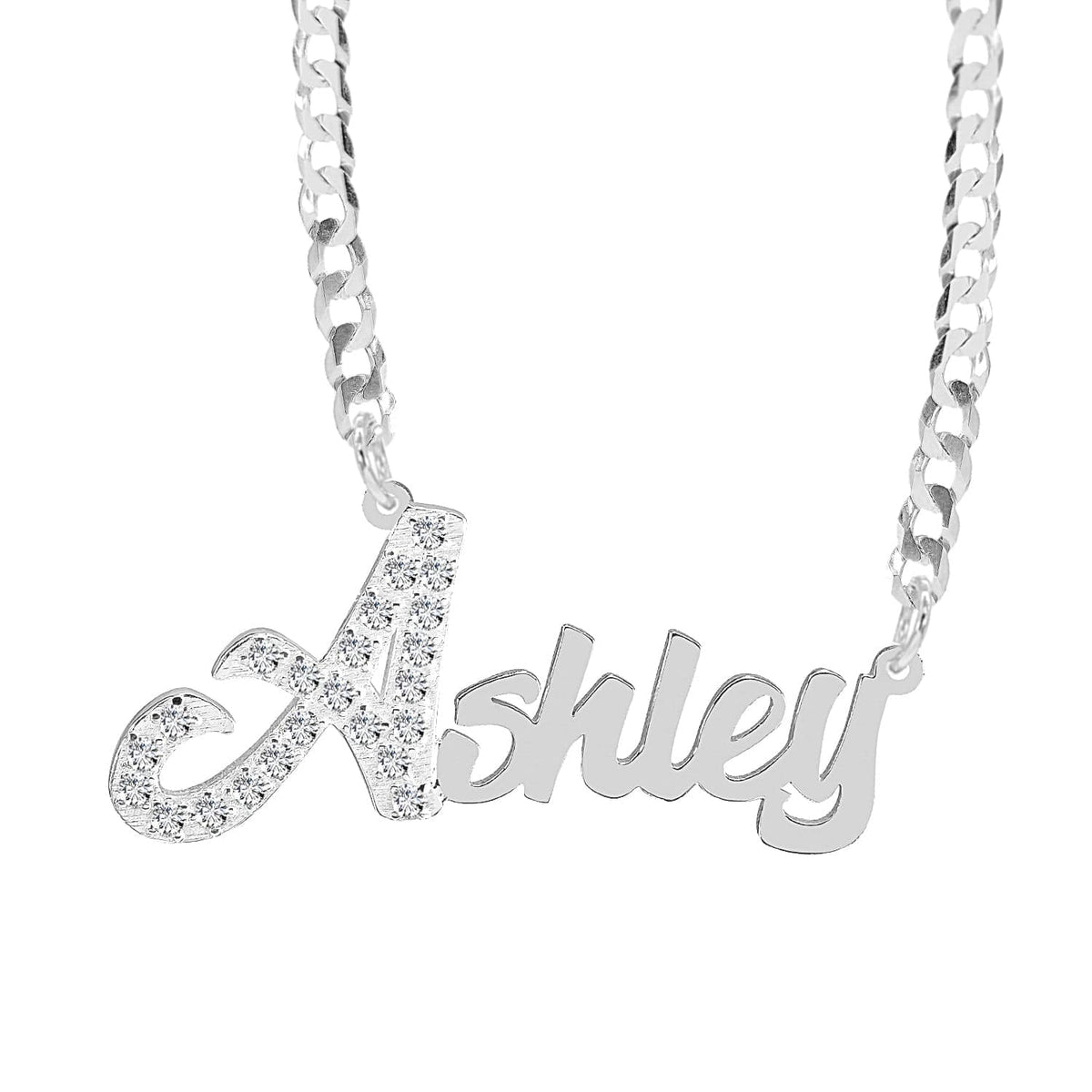 Sterling Silver / Cuban Chain Single Plated Nameplate Necklace &quot;Ashley&quot; with Stones