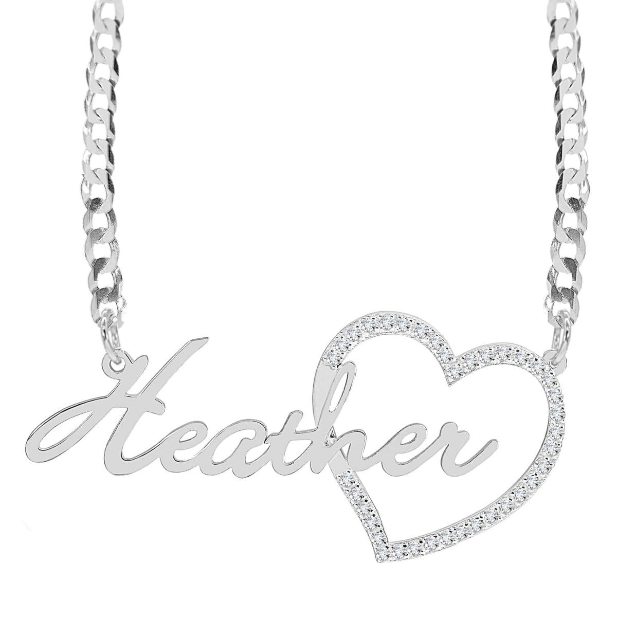 Sterling Silver / Cuban Chain Single Plated Nameplate Necklace &quot;Heather&quot; with Stones Heart