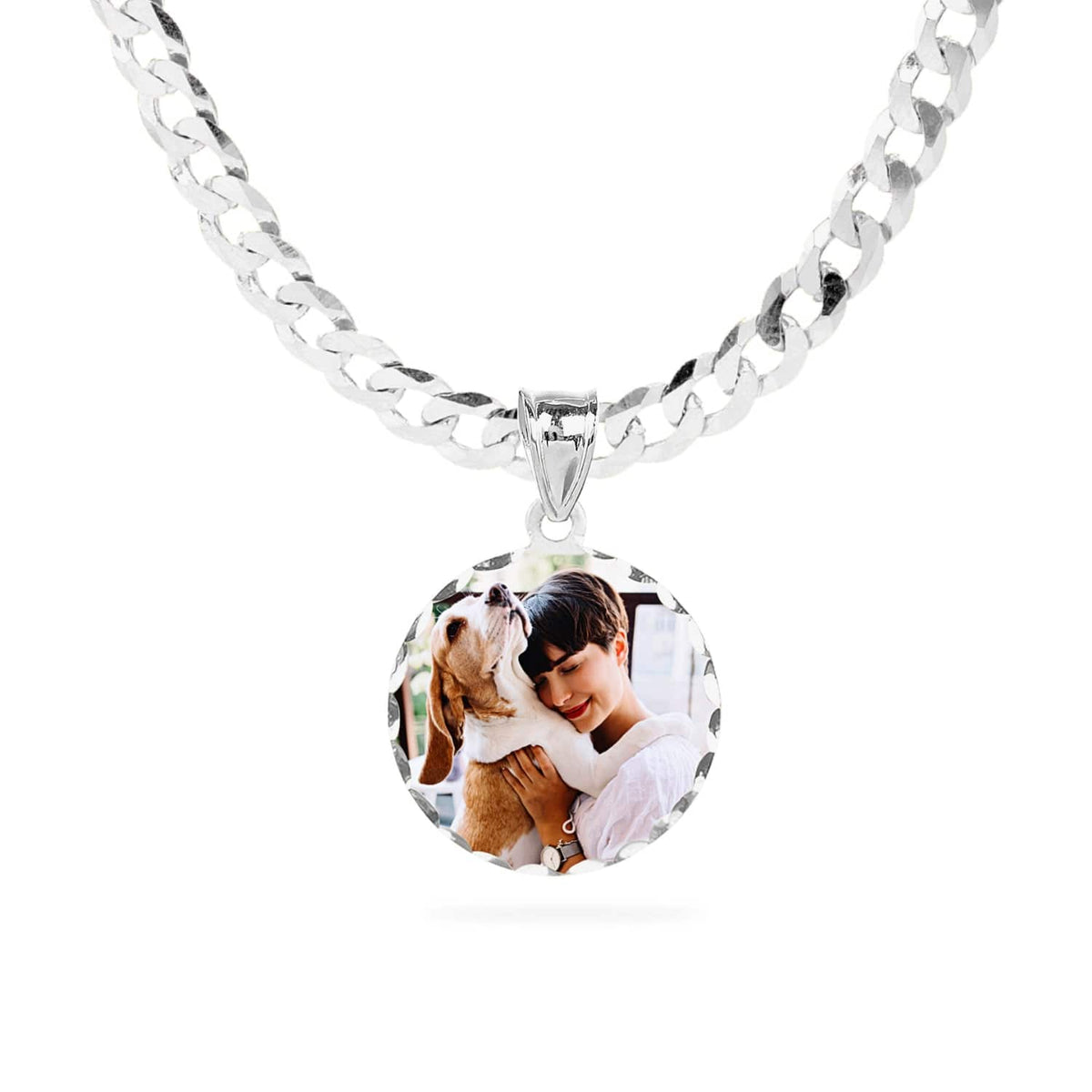Sterling Silver / Cuban Chain Small Round Portrait Pendant
