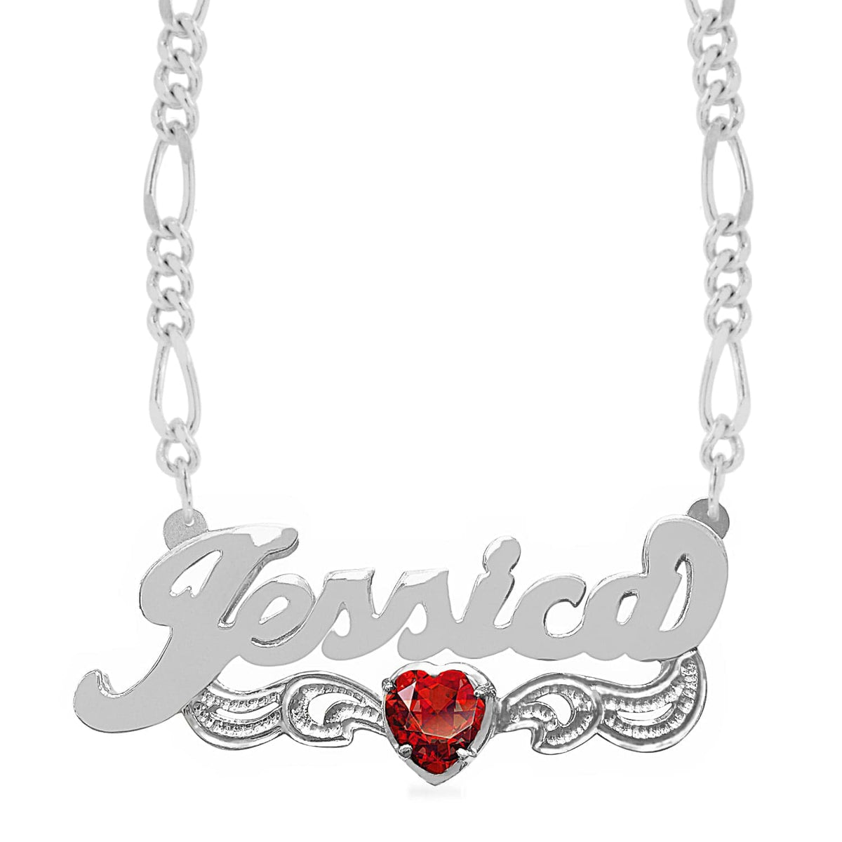 Sterling Silver / Figaro chain Birthstone Heart Rhodium Beaded &quot;Double&quot; Nameplate